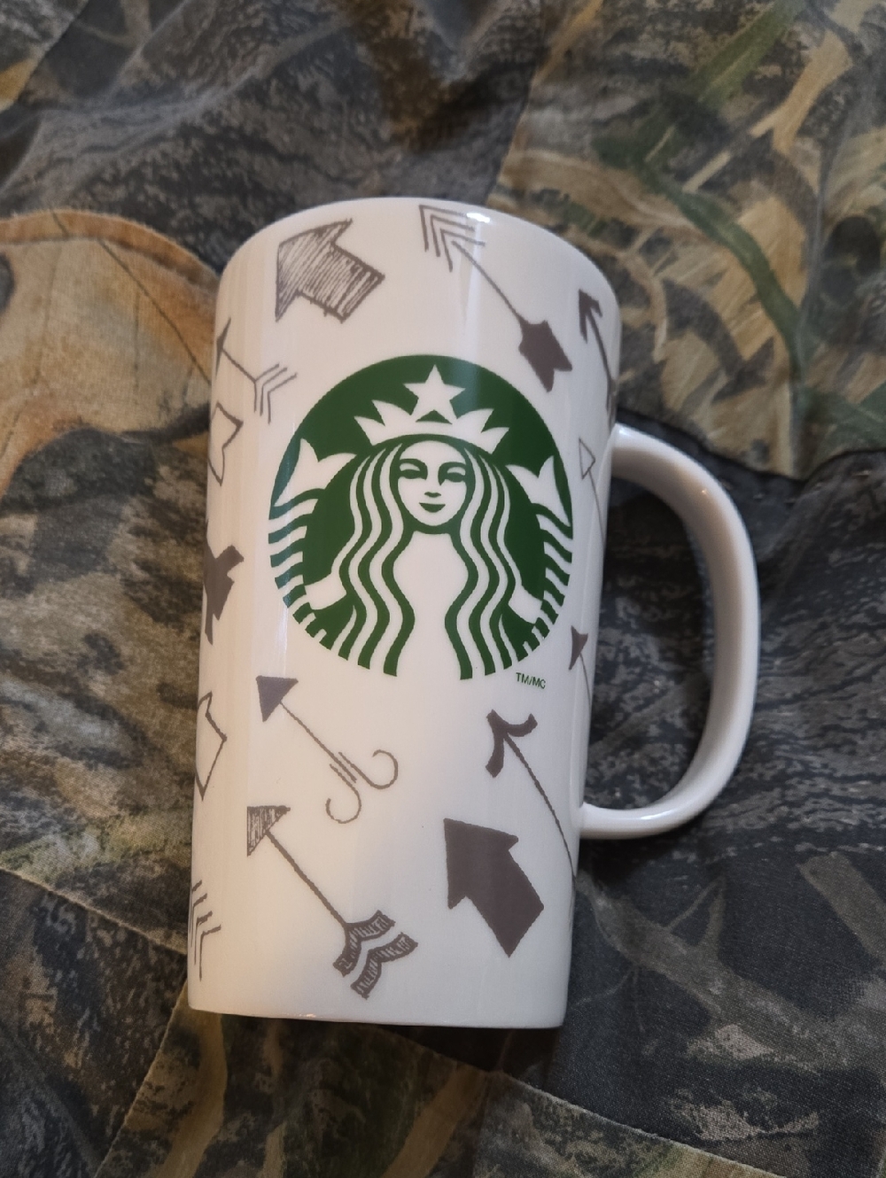 Starbucks White Mug with Green Siren and Gray Arrow Motif 16oz